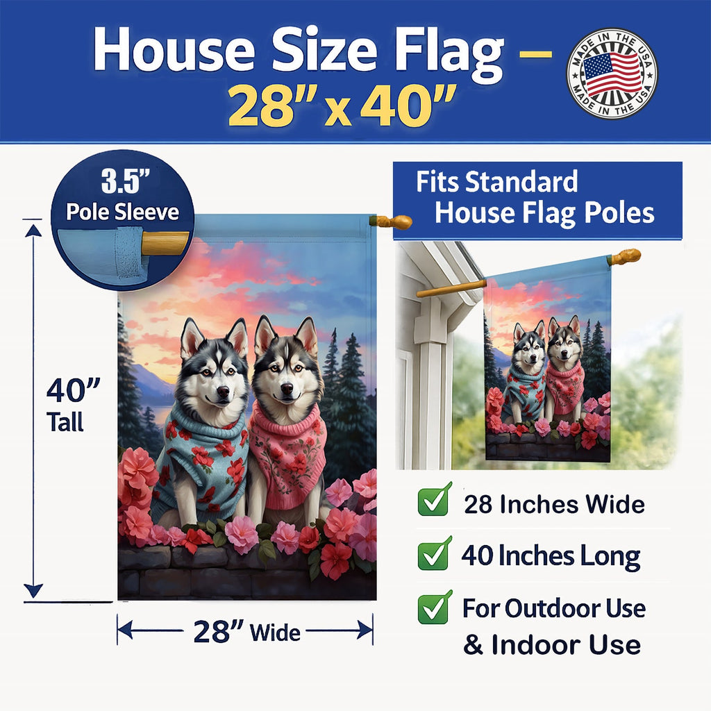 Siberian Husky Two Hearts House Flag 28x40 Porch Sleeve Pole Decorative Outside Yard Banner Artwork Wall Hanging, Polyester