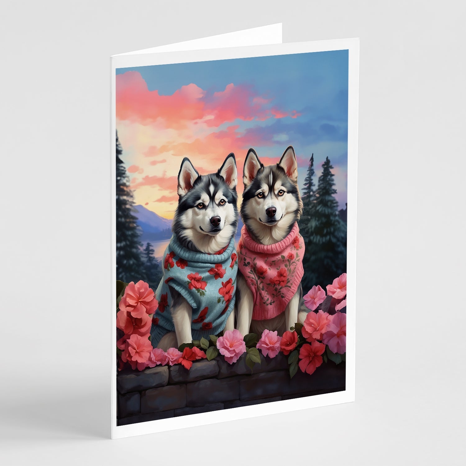 Siberian Husky Two Hearts Greeting Cards Pack of 8 Blank Cards with Envelopes Whimsical A7 Size 5x7