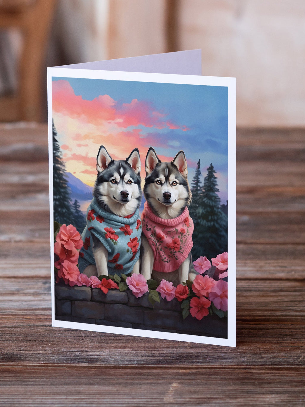 Siberian Husky Two Hearts Greeting Cards Pack of 8 Blank Cards with Envelopes Whimsical A7 Size 5x7