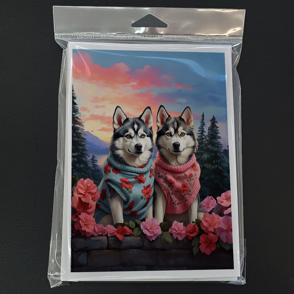Siberian Husky Two Hearts Greeting Cards Pack of 8 Blank Cards with Envelopes Whimsical A7 Size 5x7