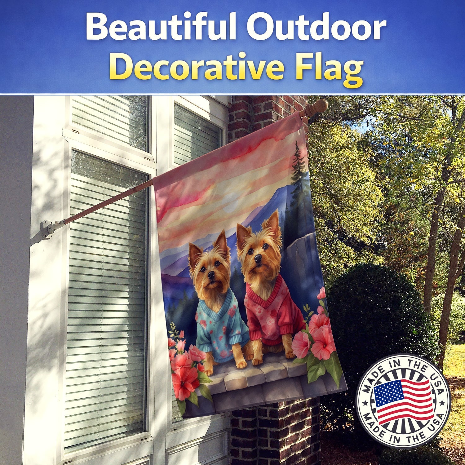 Silky Terrier Two Hearts House Flag 28x40 Porch Sleeve Pole Decorative Outside Yard Banner Artwork Wall Hanging, Polyester