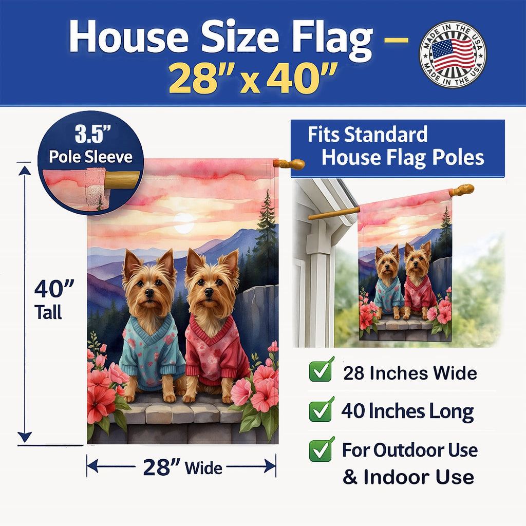 Silky Terrier Two Hearts House Flag 28x40 Porch Sleeve Pole Decorative Outside Yard Banner Artwork Wall Hanging, Polyester