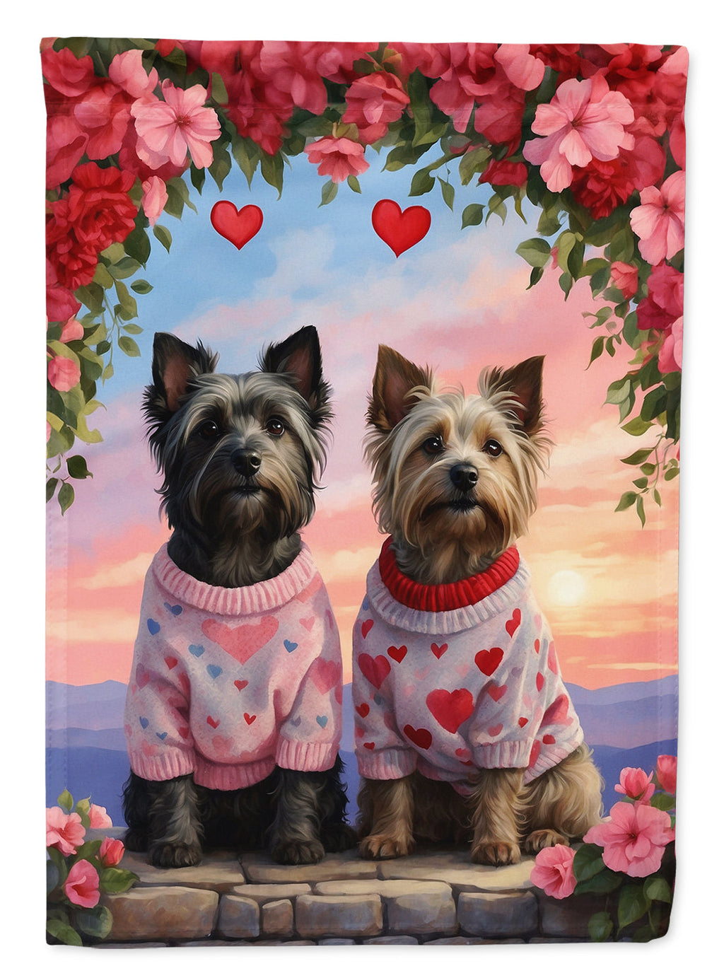 Skye Terrier Two Hearts House Flag 28x40 Porch Sleeve Pole Decorative Outside Yard Banner Artwork Wall Hanging, Polyester