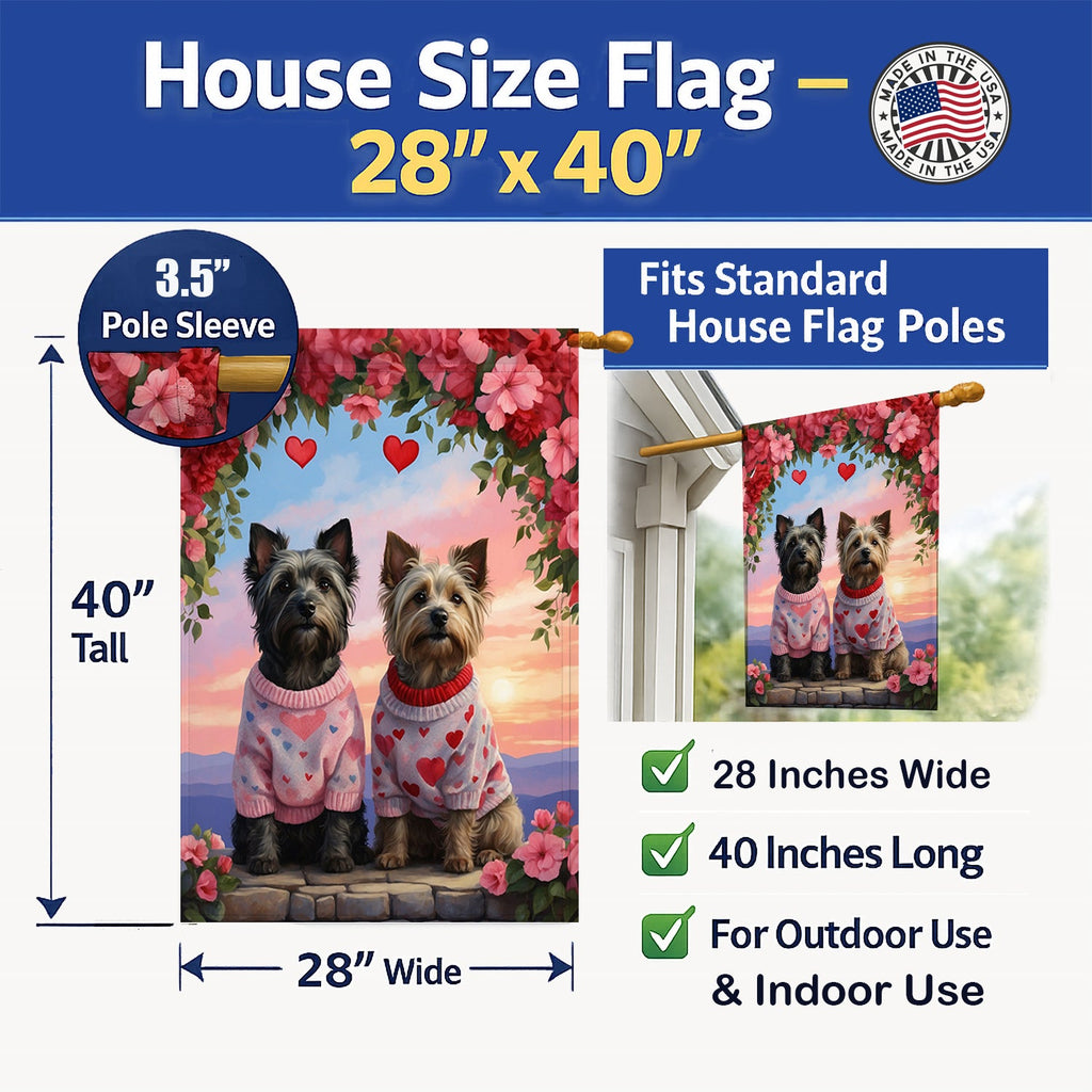 Skye Terrier Two Hearts House Flag 28x40 Porch Sleeve Pole Decorative Outside Yard Banner Artwork Wall Hanging, Polyester