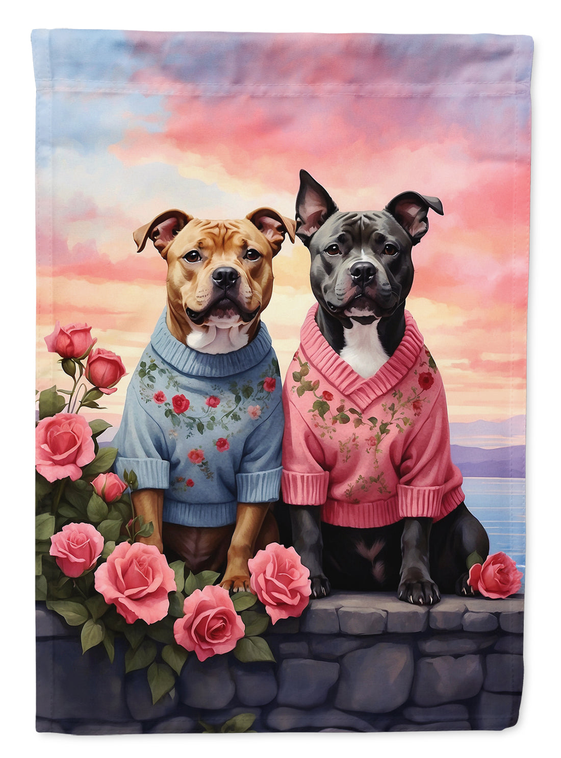 Staffordshire Bull Terrier Two Hearts House Flag 28x40 Porch Sleeve Pole Decorative Outside Yard Banner Artwork Wall Hanging, Polyester