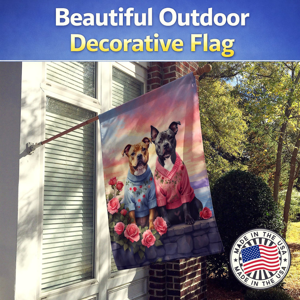 Staffordshire Bull Terrier Two Hearts House Flag 28x40 Porch Sleeve Pole Decorative Outside Yard Banner Artwork Wall Hanging, Polyester