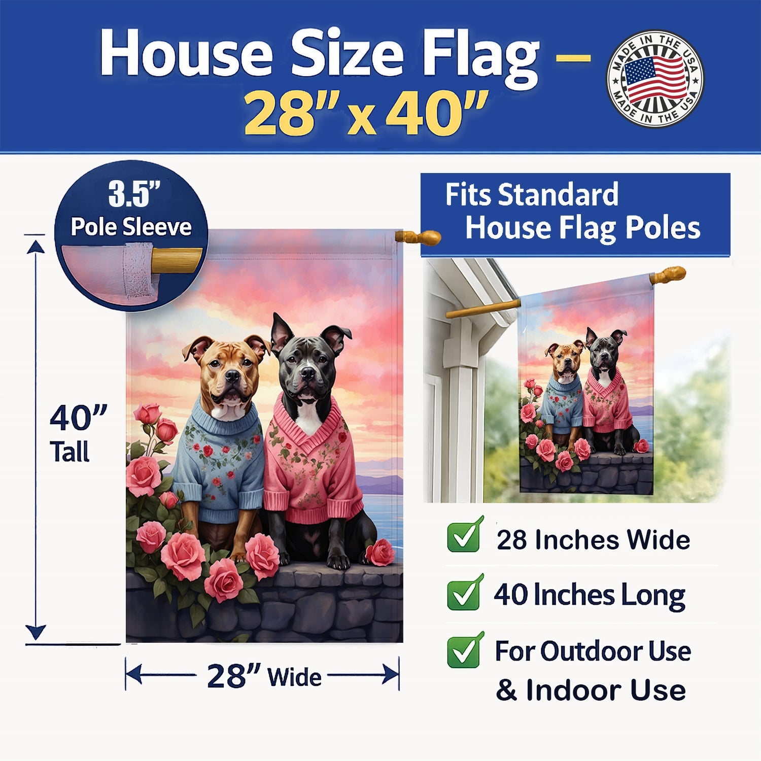 Staffordshire Bull Terrier Two Hearts House Flag 28x40 Porch Sleeve Pole Decorative Outside Yard Banner Artwork Wall Hanging, Polyester