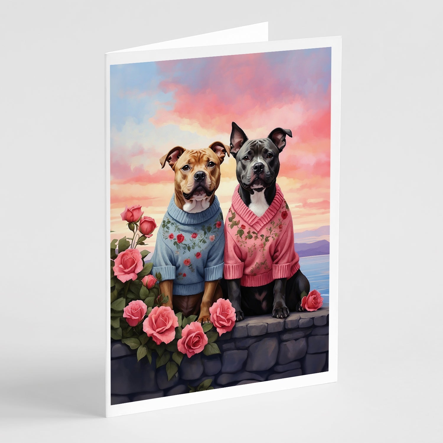 Staffordshire Bull Terrier Two Hearts Greeting Cards Pack of 8 Blank Cards with Envelopes Whimsical A7 Size 5x7