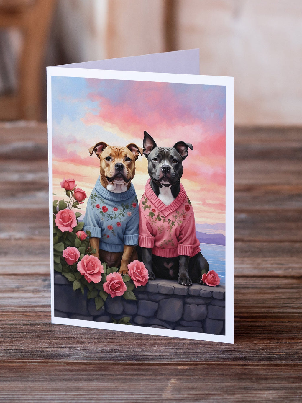 Staffordshire Bull Terrier Two Hearts Greeting Cards Pack of 8 Blank Cards with Envelopes Whimsical A7 Size 5x7