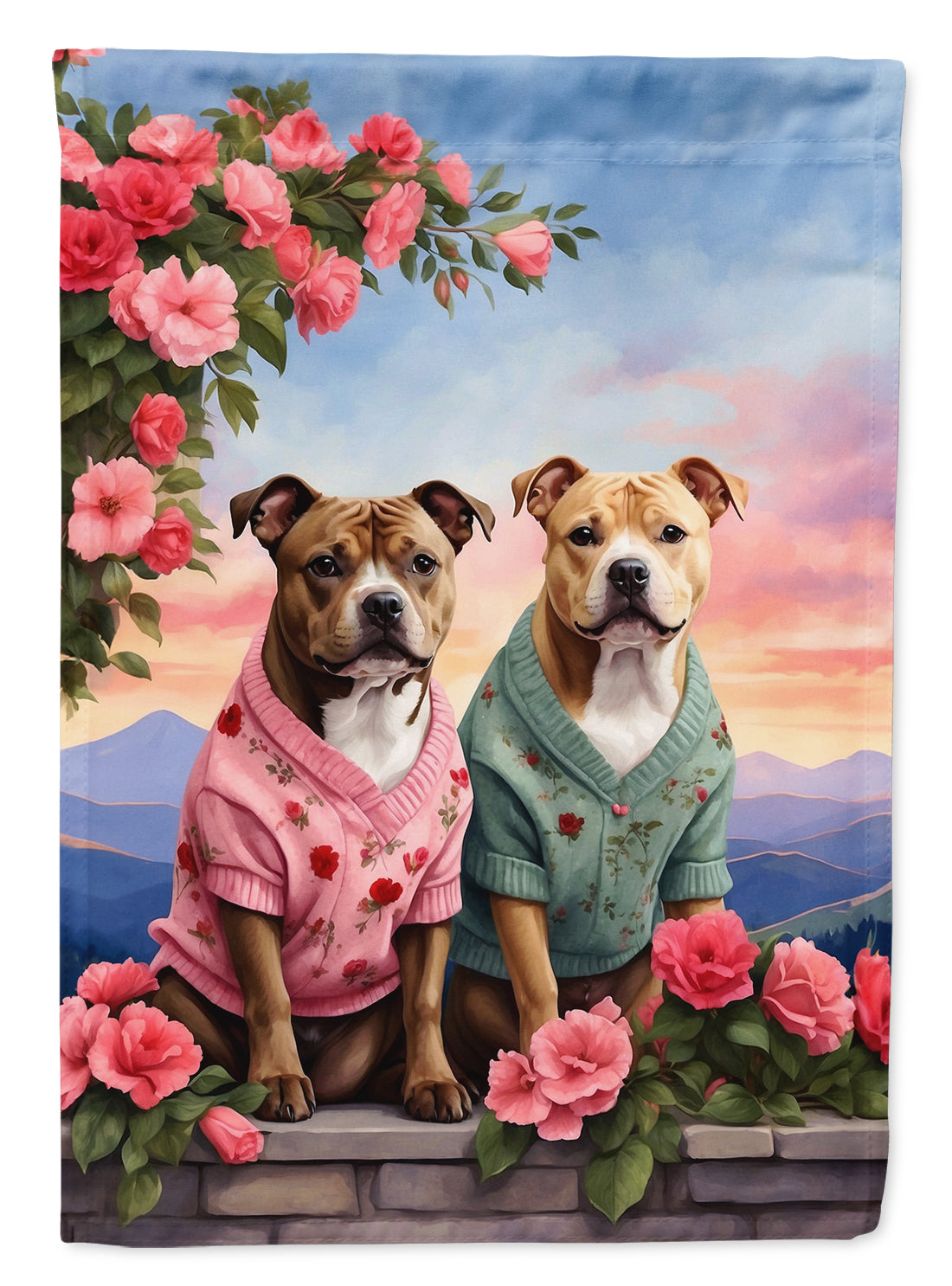 Staffordshire Bull Terrier Two Hearts House Flag 28x40 Porch Sleeve Pole Decorative Outside Yard Banner Artwork Wall Hanging, Polyester