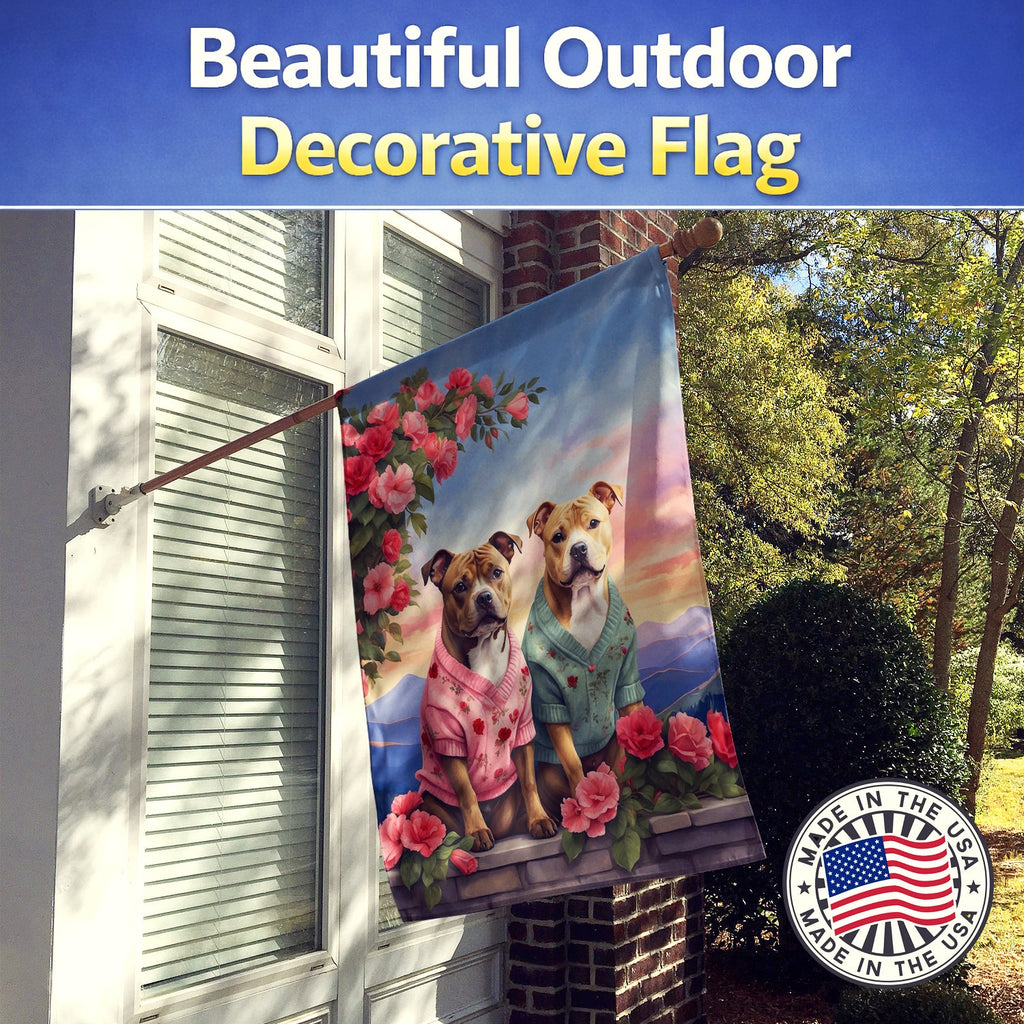 Staffordshire Bull Terrier Two Hearts House Flag 28x40 Porch Sleeve Pole Decorative Outside Yard Banner Artwork Wall Hanging, Polyester