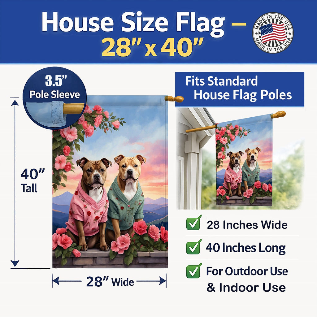 Staffordshire Bull Terrier Two Hearts House Flag 28x40 Porch Sleeve Pole Decorative Outside Yard Banner Artwork Wall Hanging, Polyester