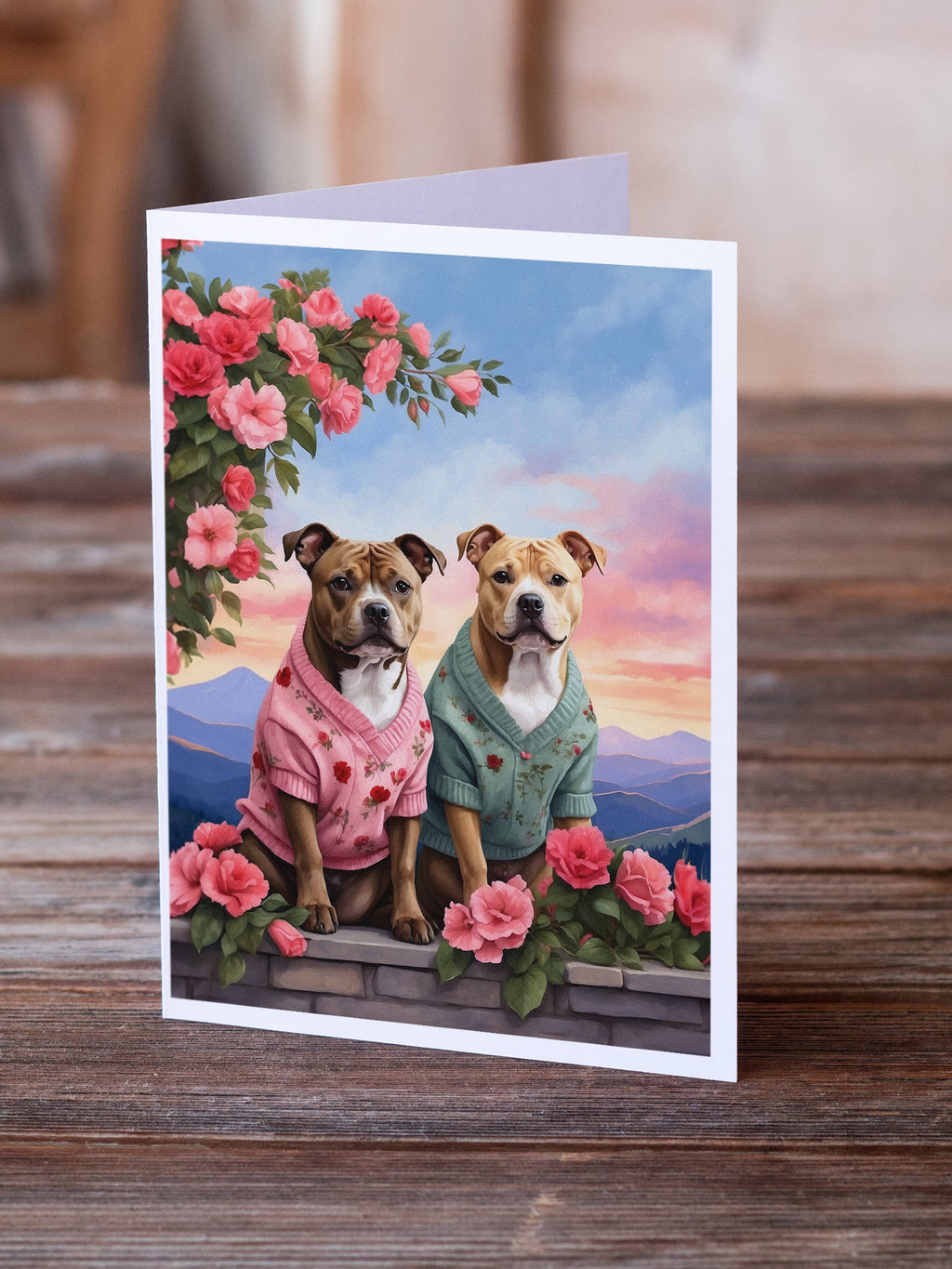 Staffordshire Bull Terrier Two Hearts Greeting Cards Pack of 8 Blank Cards with Envelopes Whimsical A7 Size 5x7