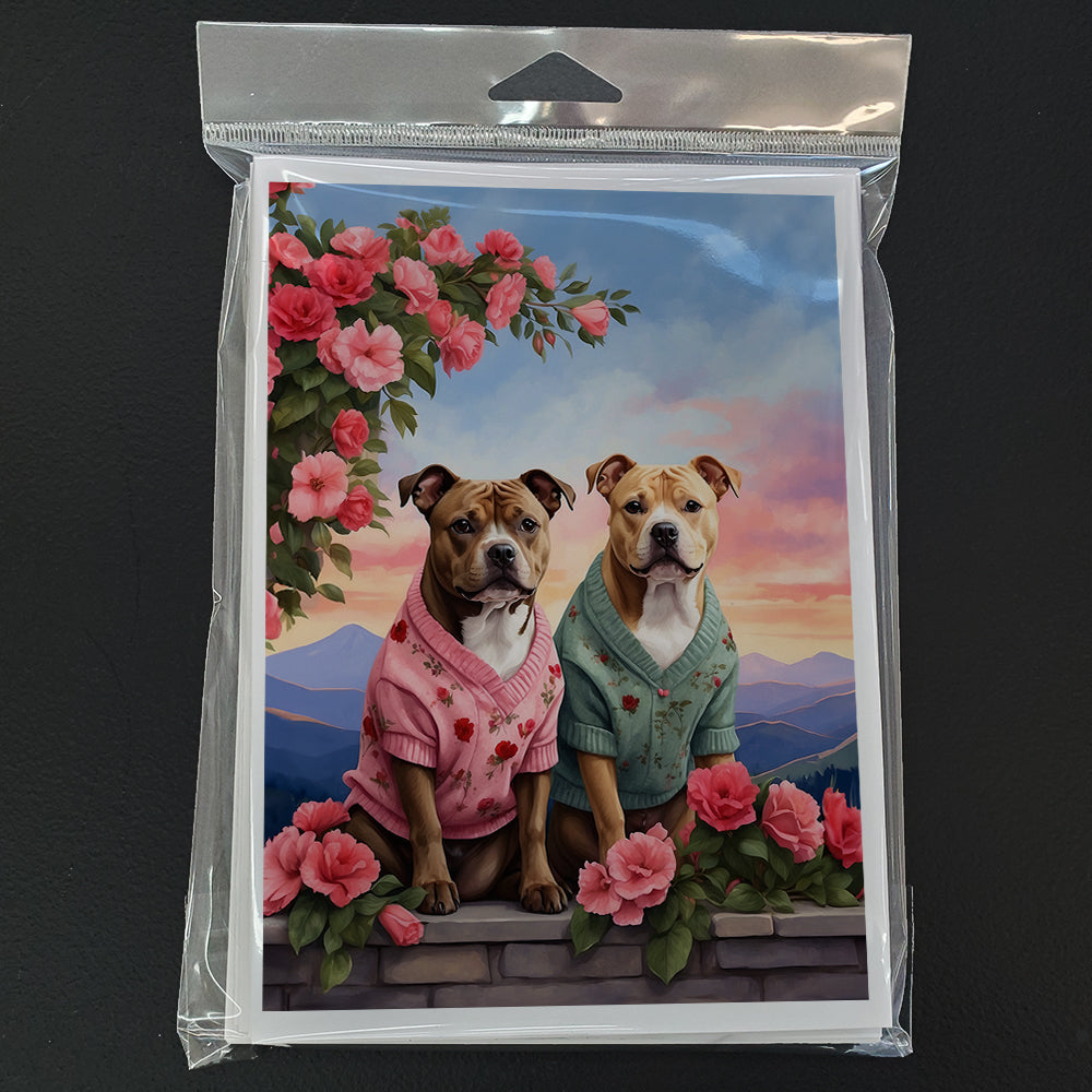 Staffordshire Bull Terrier Two Hearts Greeting Cards Pack of 8 Blank Cards with Envelopes Whimsical A7 Size 5x7