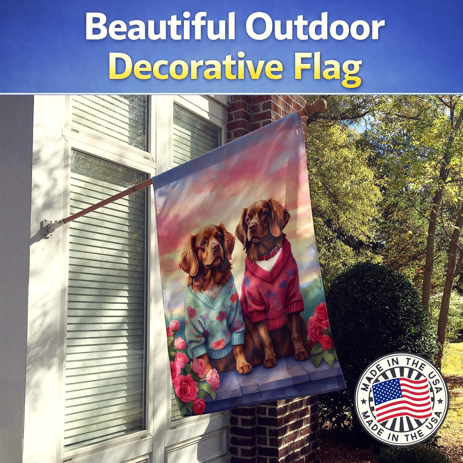 Sussex Spaniel Two Hearts House Flag 28x40 Porch Sleeve Pole Decorative Outside Yard Banner Artwork Wall Hanging, Polyester