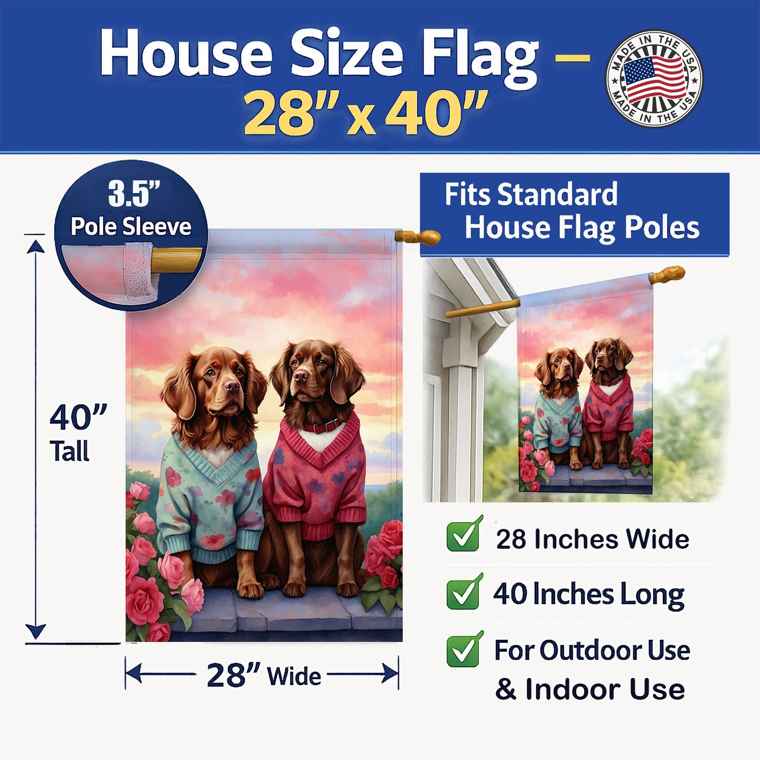 Sussex Spaniel Two Hearts House Flag 28x40 Porch Sleeve Pole Decorative Outside Yard Banner Artwork Wall Hanging, Polyester