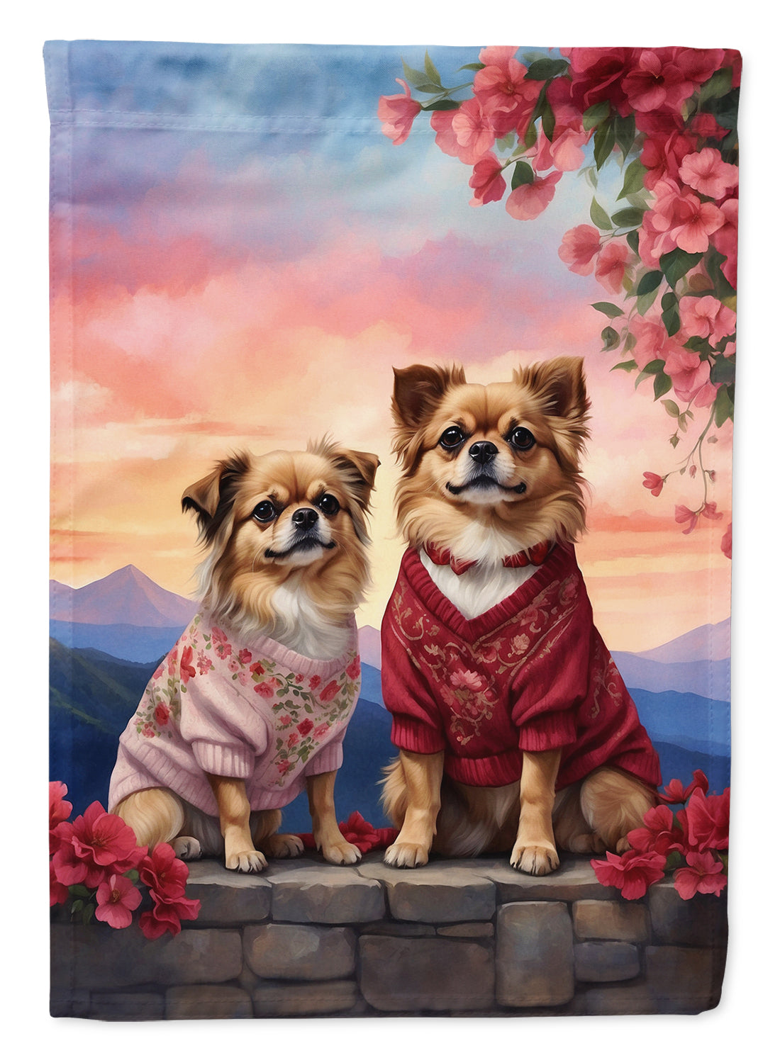Tibetan Spaniel Two Hearts House Flag 28x40 Porch Sleeve Pole Decorative Outside Yard Banner Artwork Wall Hanging, Polyester