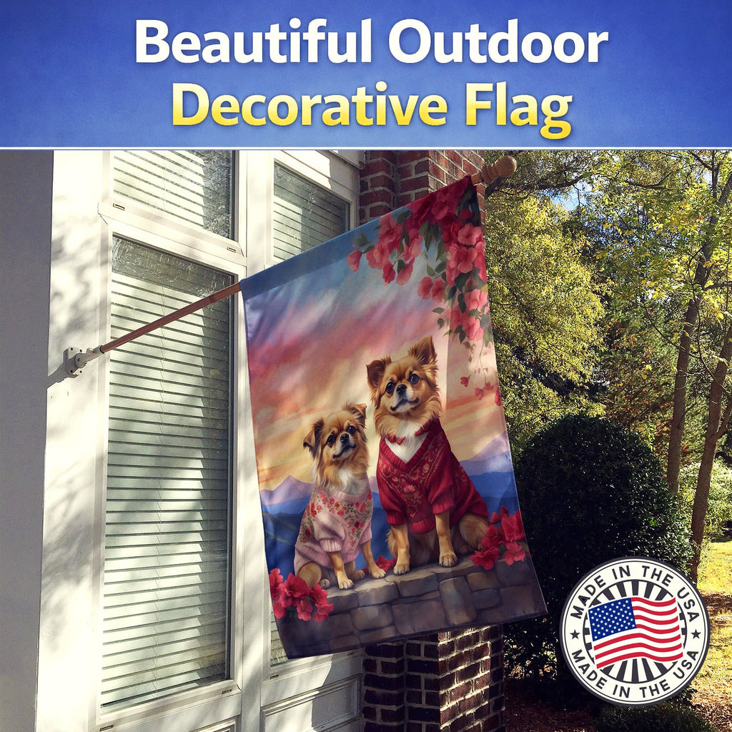 Tibetan Spaniel Two Hearts House Flag 28x40 Porch Sleeve Pole Decorative Outside Yard Banner Artwork Wall Hanging, Polyester