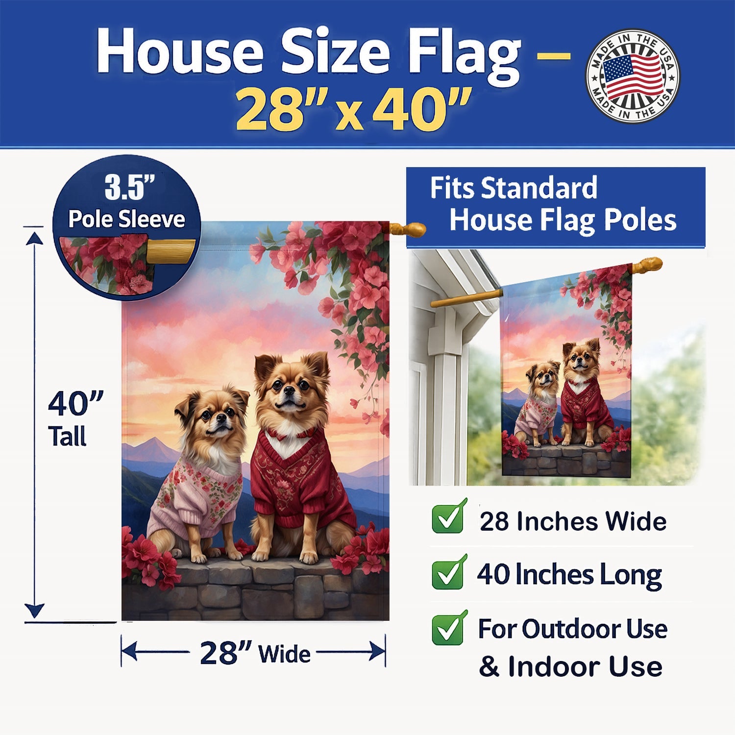 Tibetan Spaniel Two Hearts House Flag 28x40 Porch Sleeve Pole Decorative Outside Yard Banner Artwork Wall Hanging, Polyester