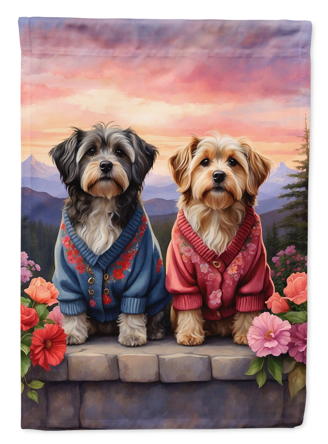 Tibetan Terrier Two Hearts House Flag 28x40 Porch Sleeve Pole Decorative Outside Yard Banner Artwork Wall Hanging, Polyester