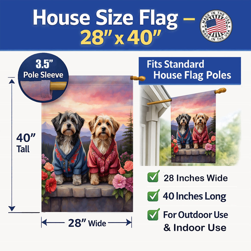 Tibetan Terrier Two Hearts House Flag 28x40 Porch Sleeve Pole Decorative Outside Yard Banner Artwork Wall Hanging, Polyester