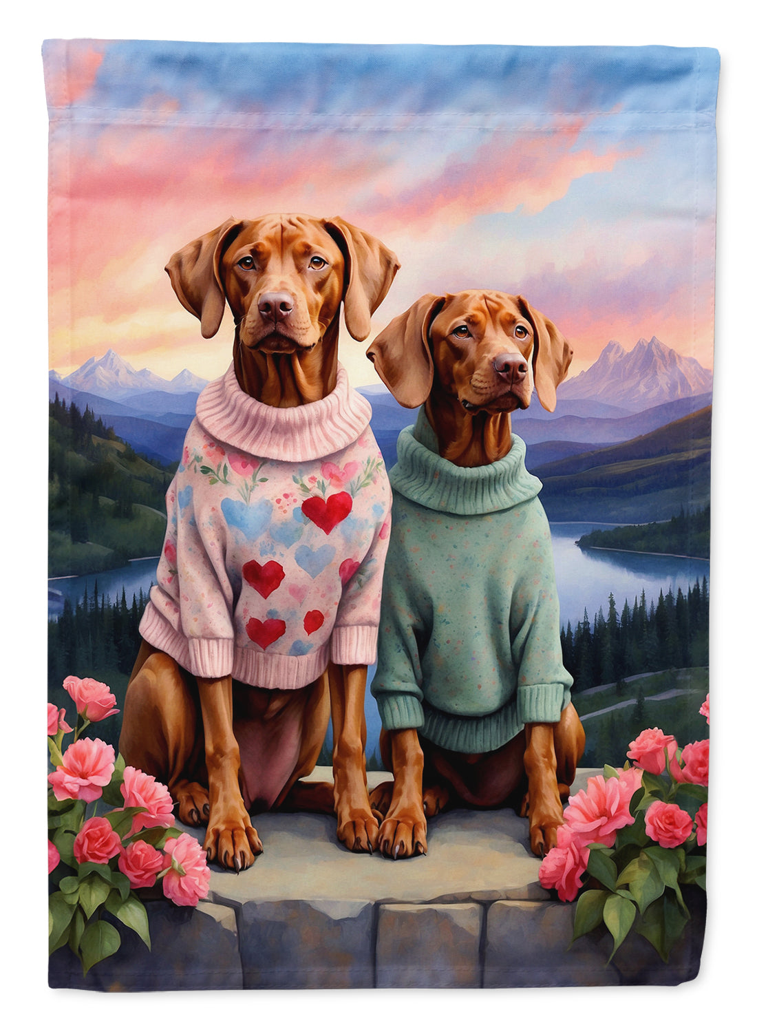 Vizsla Two Hearts House Flag 28x40 Porch Sleeve Pole Decorative Outside Yard Banner Artwork Wall Hanging, Polyester