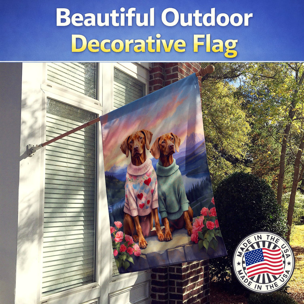 Vizsla Two Hearts House Flag 28x40 Porch Sleeve Pole Decorative Outside Yard Banner Artwork Wall Hanging, Polyester