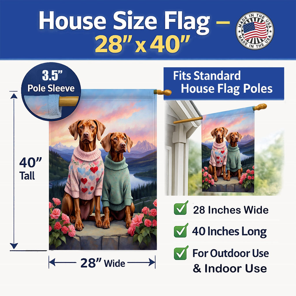 Vizsla Two Hearts House Flag 28x40 Porch Sleeve Pole Decorative Outside Yard Banner Artwork Wall Hanging, Polyester