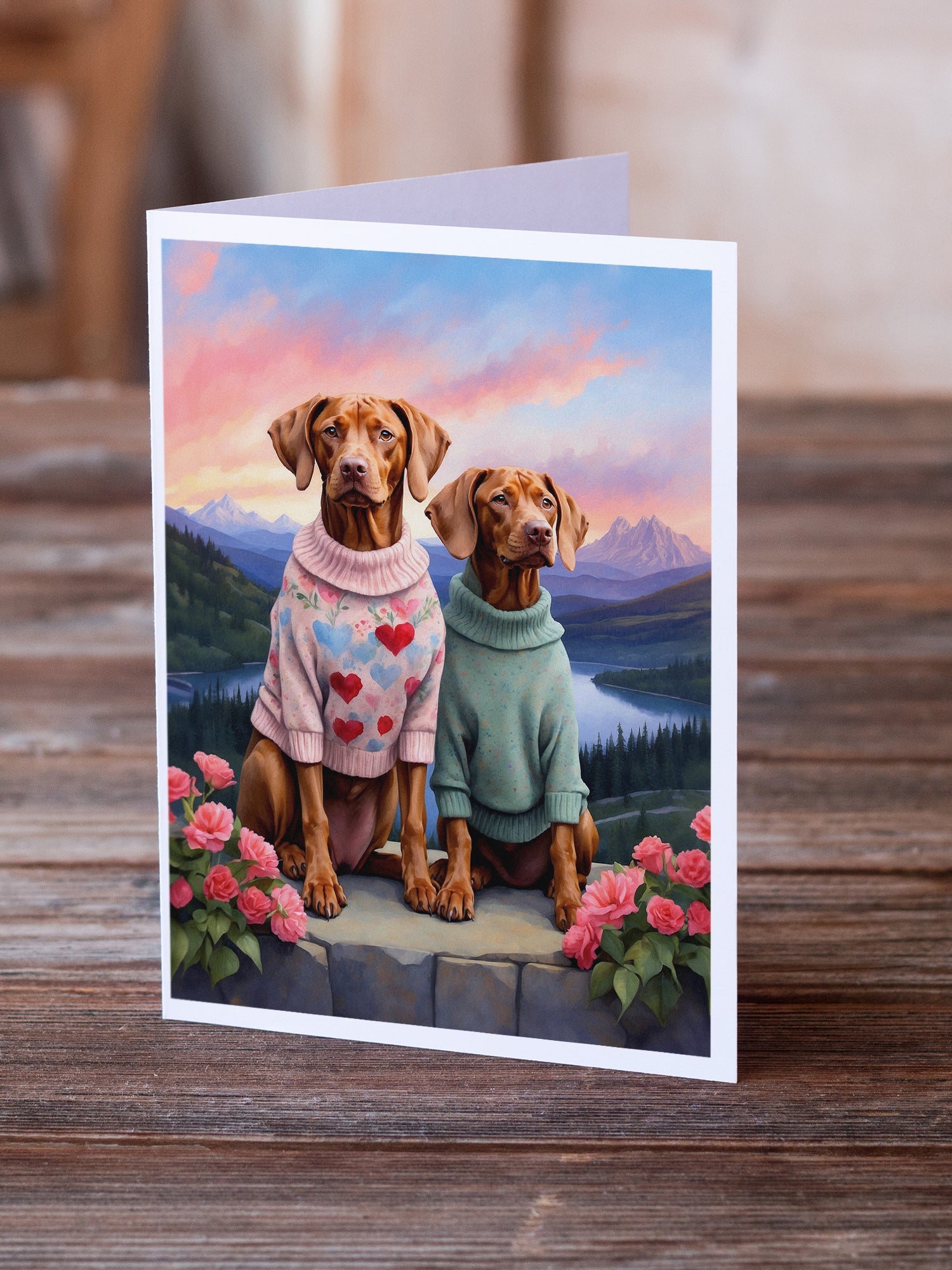 Vizsla Two Hearts Greeting Cards Pack of 8 Blank Cards with Envelopes Whimsical A7 Size 5x7