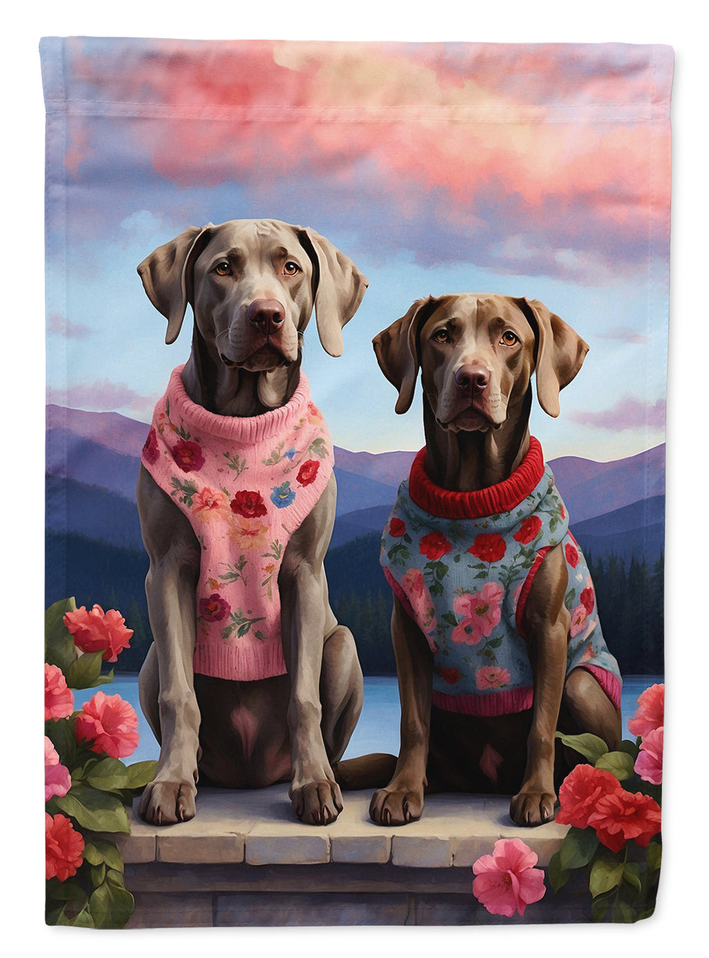 Weimaraner Two Hearts House Flag 28x40 Porch Sleeve Pole Decorative Outside Yard Banner Artwork Wall Hanging, Polyester