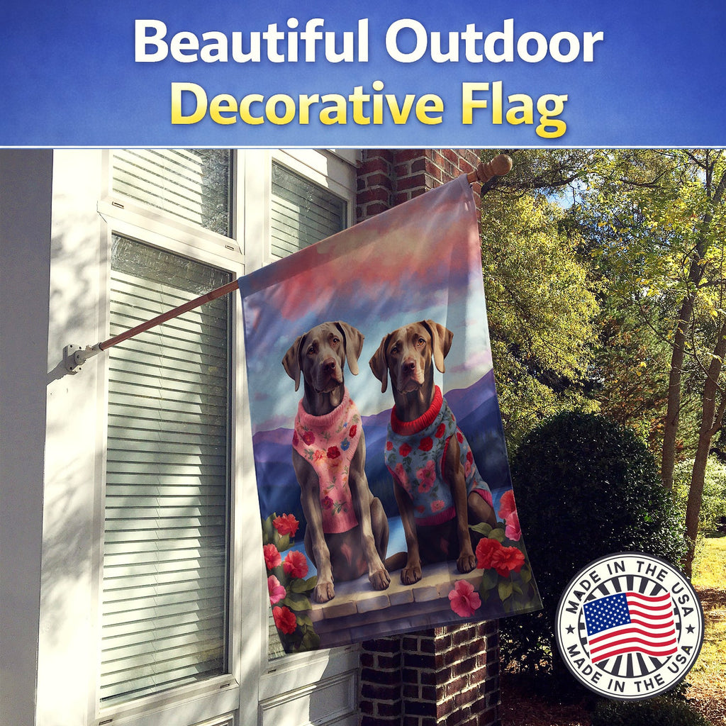 Weimaraner Two Hearts House Flag 28x40 Porch Sleeve Pole Decorative Outside Yard Banner Artwork Wall Hanging, Polyester