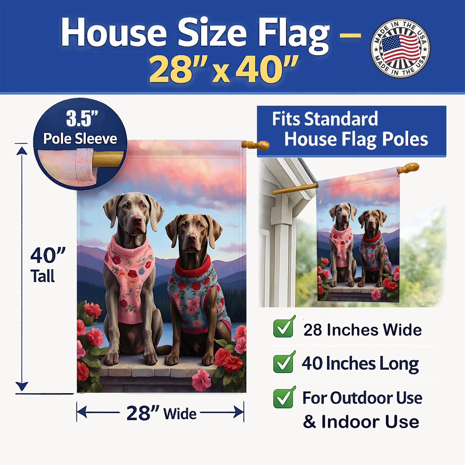 Weimaraner Two Hearts House Flag 28x40 Porch Sleeve Pole Decorative Outside Yard Banner Artwork Wall Hanging, Polyester