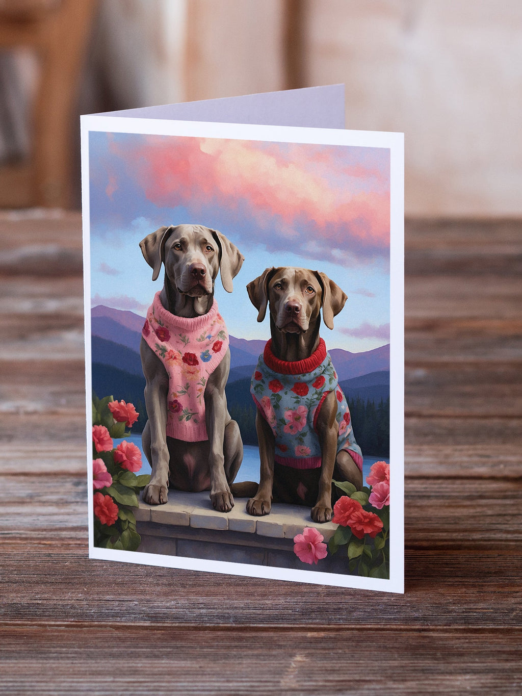 Weimaraner Two Hearts Greeting Cards Pack of 8 Blank Cards with Envelopes Whimsical A7 Size 5x7