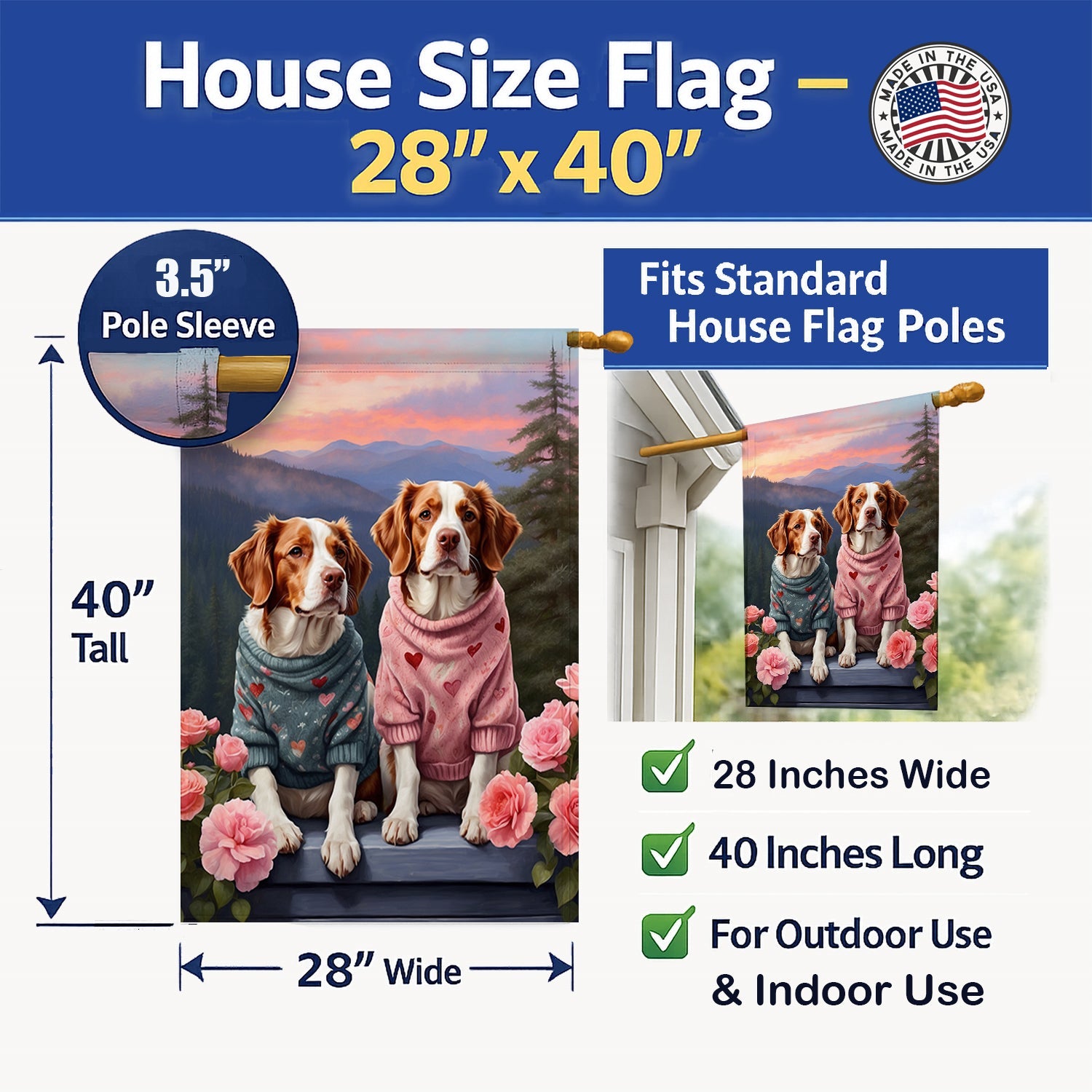 Welsh Springer Spaniel Two Hearts House Flag 28x40 Porch Sleeve Pole Decorative Outside Yard Banner Artwork Wall Hanging, Polyester