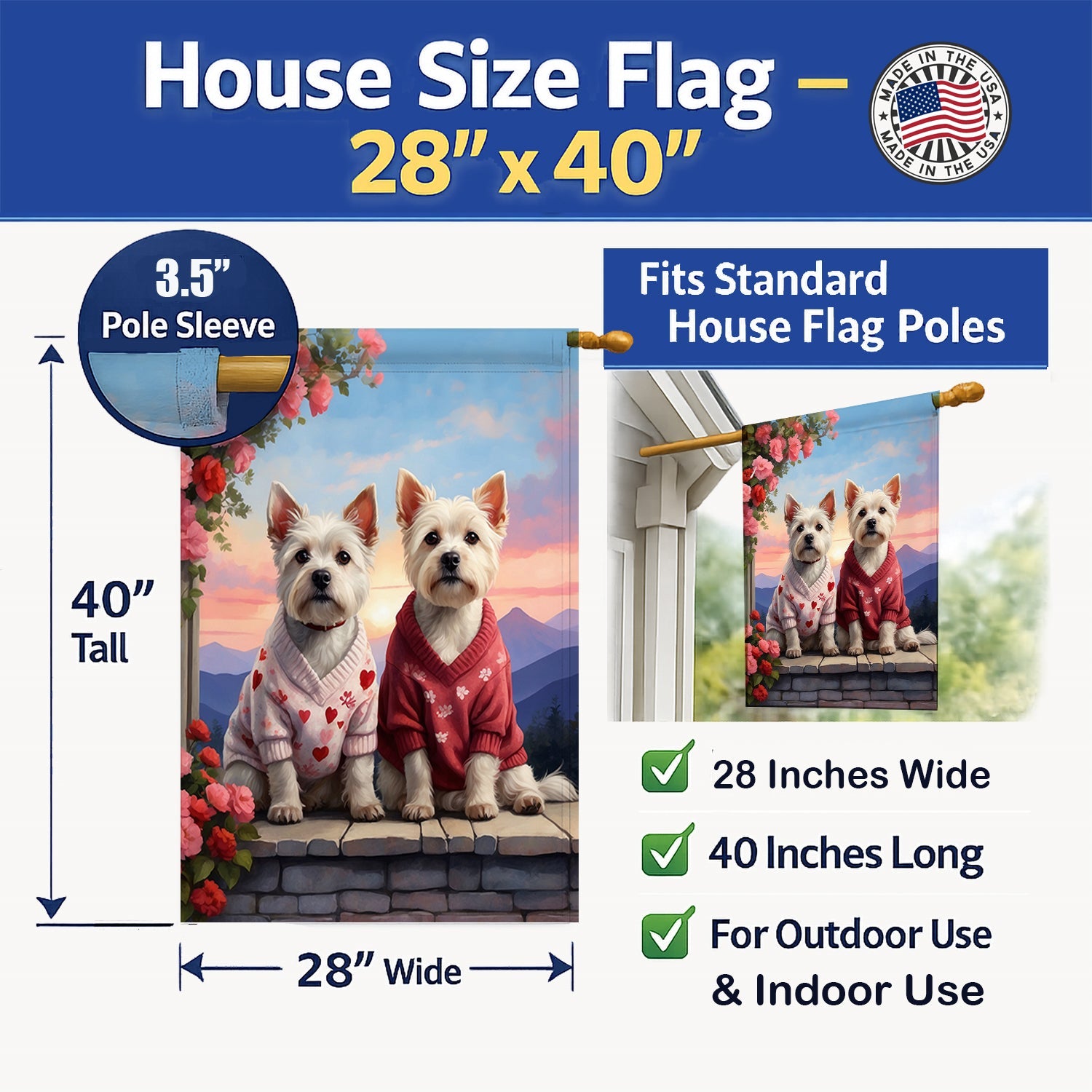 Westie Two Hearts House Flag 28x40 Porch Sleeve Pole Decorative Outside Yard Banner Artwork Wall Hanging, Polyester