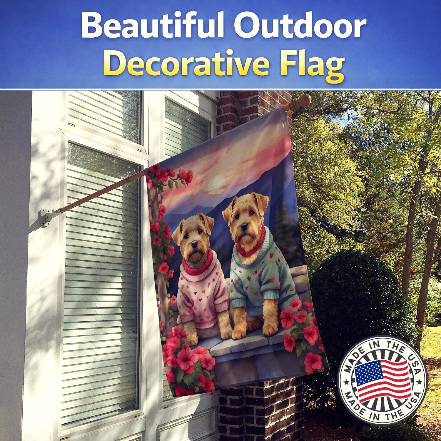 Wheaten Terrier Two Hearts House Flag 28x40 Porch Sleeve Pole Decorative Outside Yard Banner Artwork Wall Hanging, Polyester