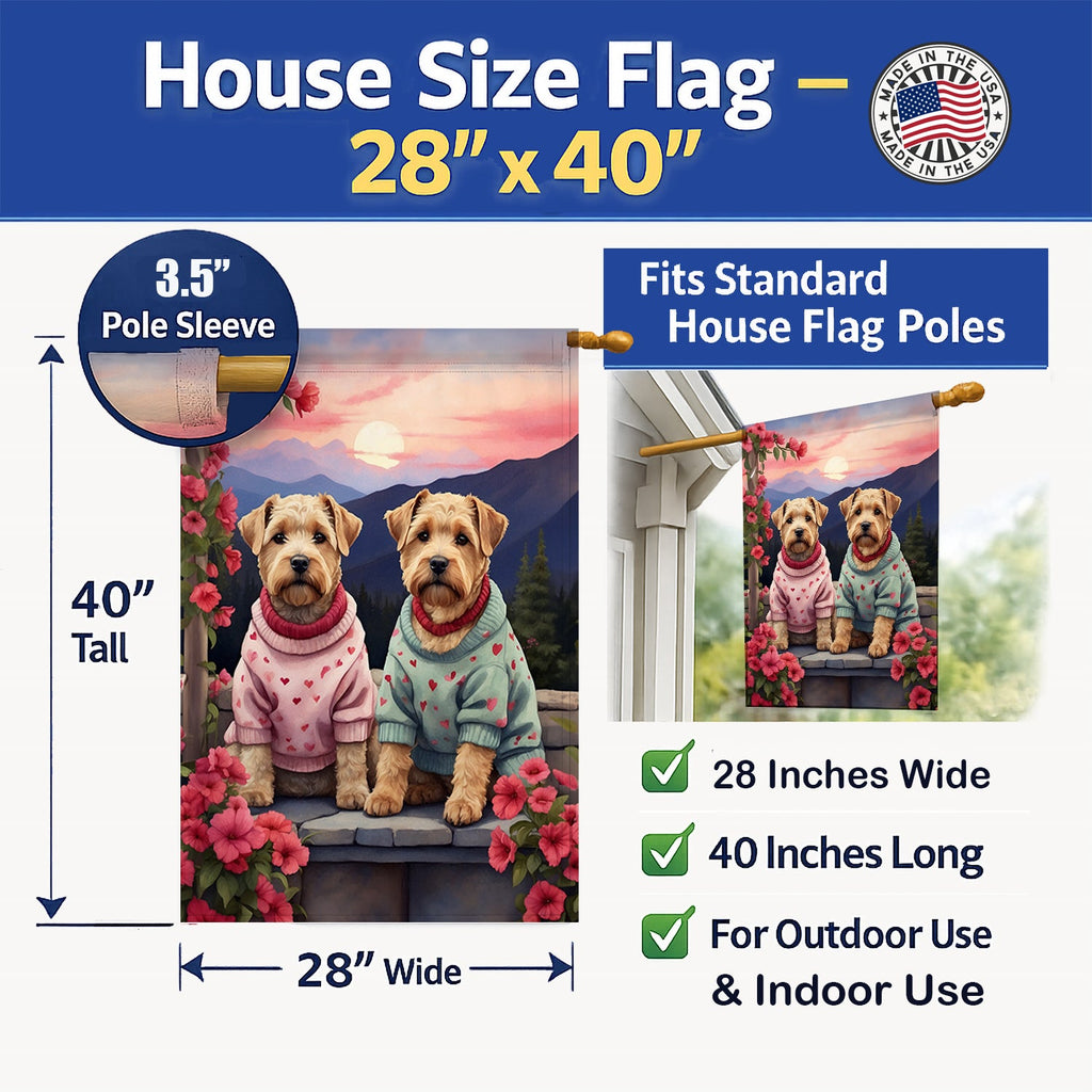 Wheaten Terrier Two Hearts House Flag 28x40 Porch Sleeve Pole Decorative Outside Yard Banner Artwork Wall Hanging, Polyester