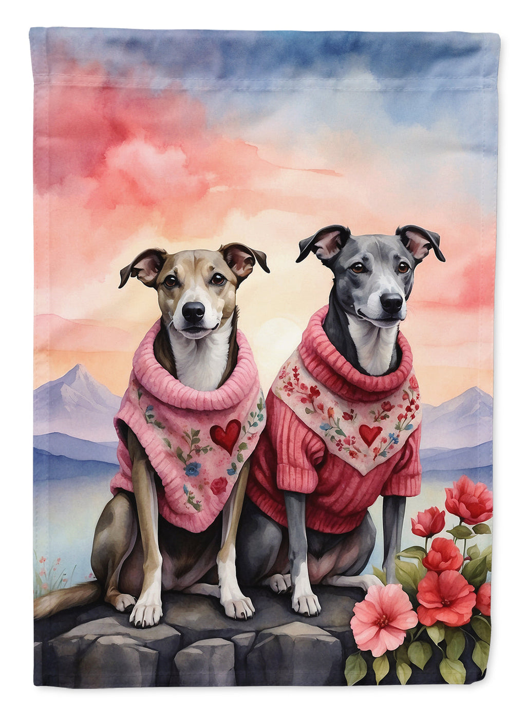 Whippet Two Hearts House Flag 28x40 Porch Sleeve Pole Decorative Outside Yard Banner Artwork Wall Hanging, Polyester