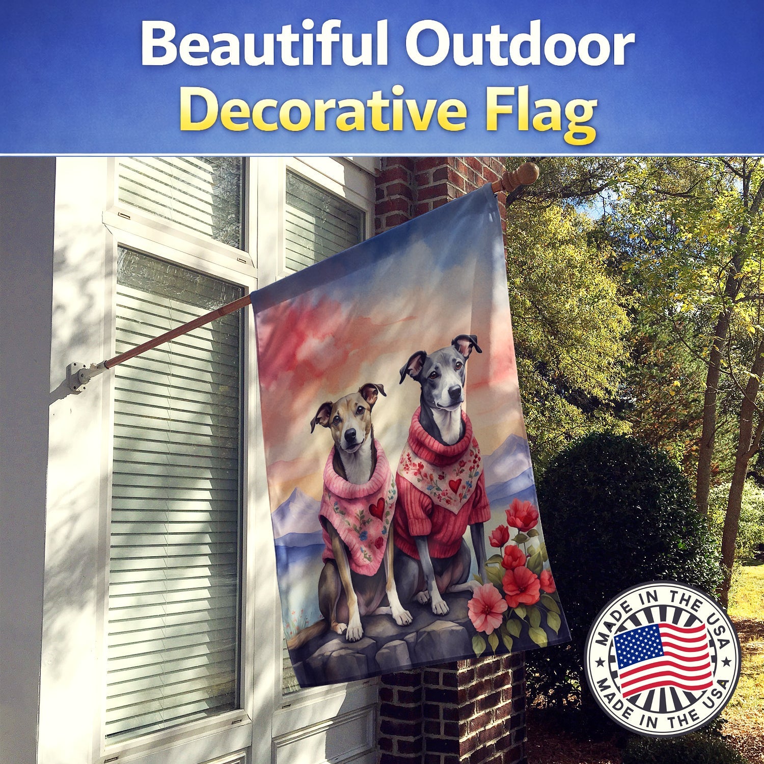Whippet Two Hearts House Flag 28x40 Porch Sleeve Pole Decorative Outside Yard Banner Artwork Wall Hanging, Polyester