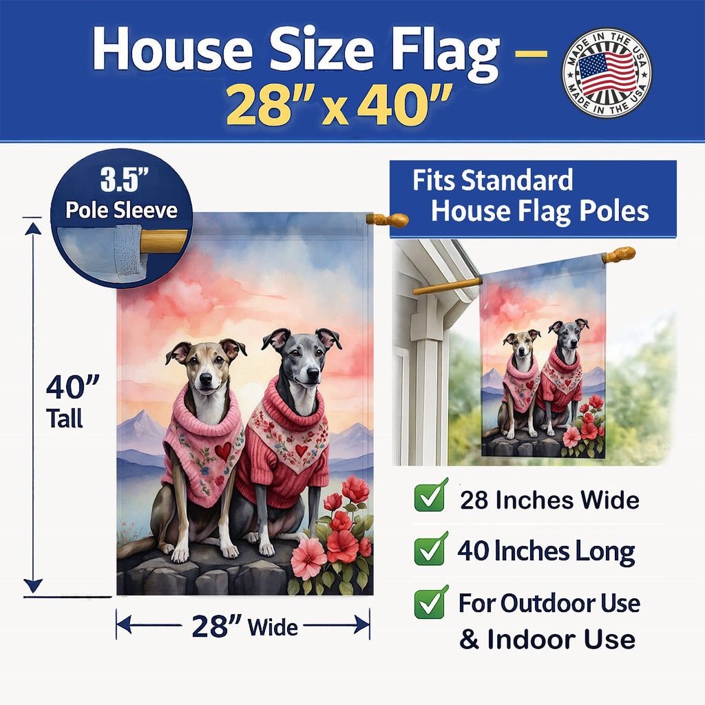 Whippet Two Hearts House Flag 28x40 Porch Sleeve Pole Decorative Outside Yard Banner Artwork Wall Hanging, Polyester