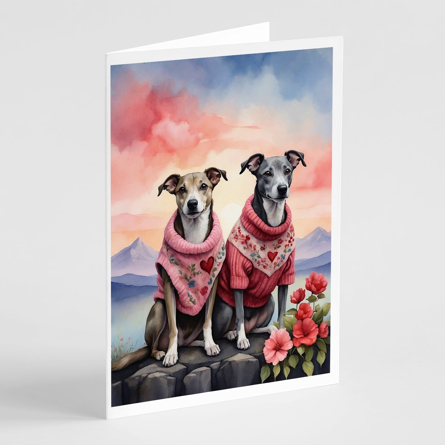 Whippet Two Hearts Greeting Cards Pack of 8 Blank Cards with Envelopes Whimsical A7 Size 5x7