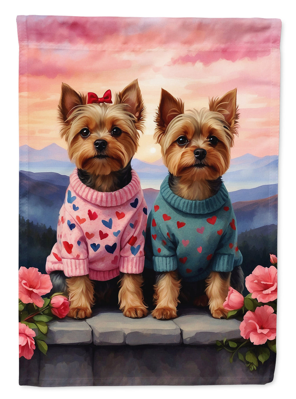 Yorkshire Terrier Two Hearts House Flag 28x40 Porch Sleeve Pole Decorative Outside Yard Banner Artwork Wall Hanging, Polyester