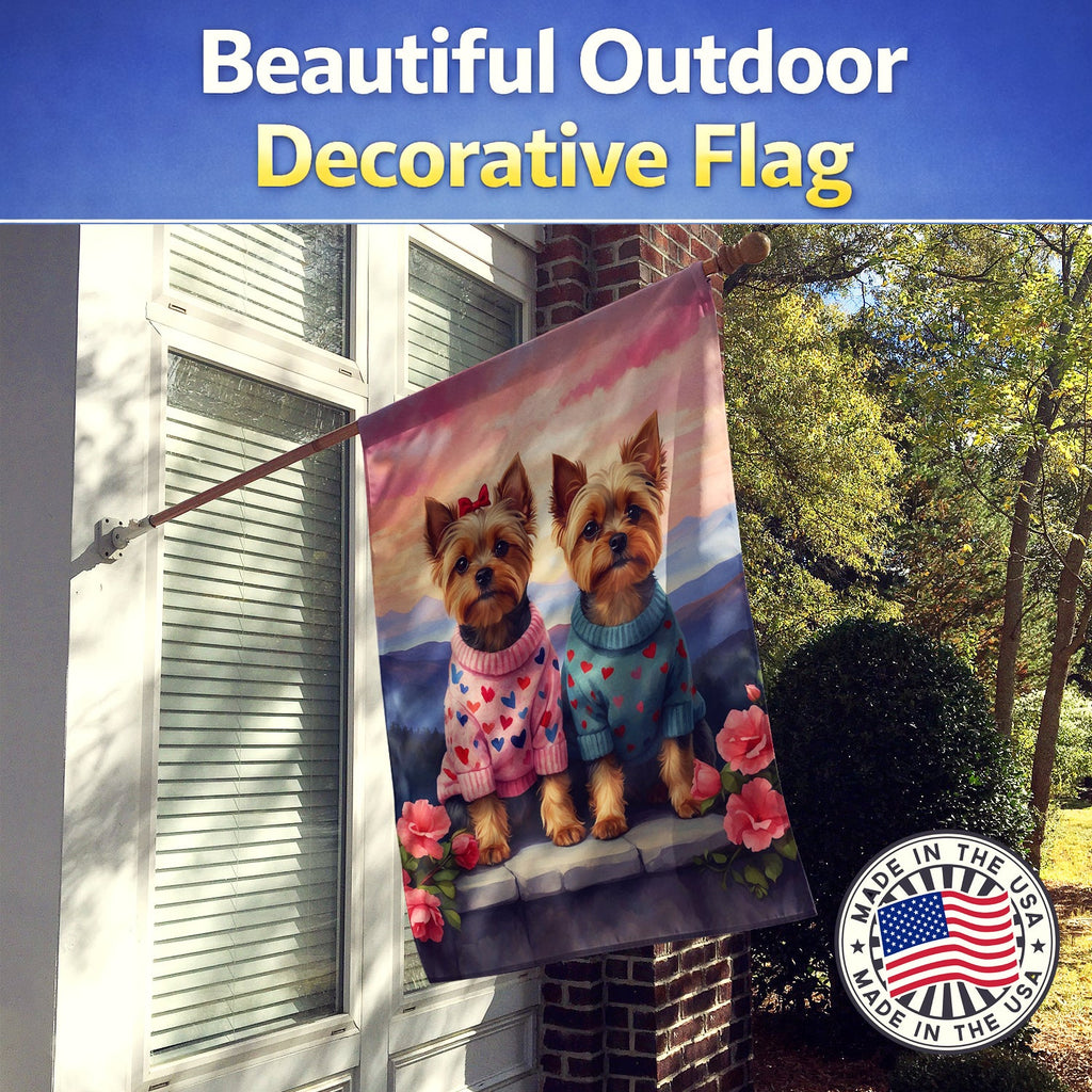Yorkshire Terrier Two Hearts House Flag 28x40 Porch Sleeve Pole Decorative Outside Yard Banner Artwork Wall Hanging, Polyester