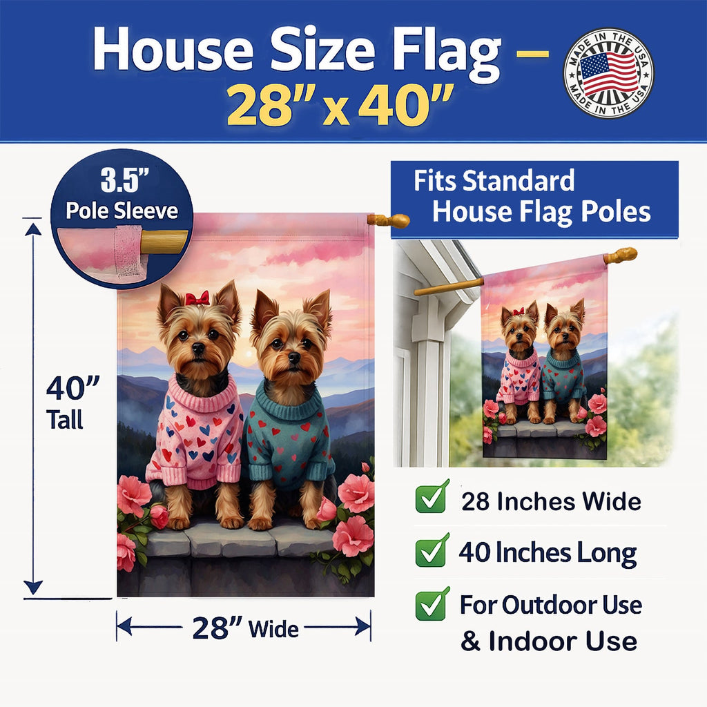 Yorkshire Terrier Two Hearts House Flag 28x40 Porch Sleeve Pole Decorative Outside Yard Banner Artwork Wall Hanging, Polyester