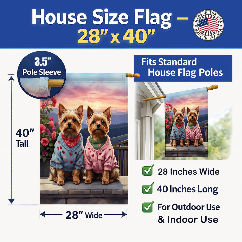 Yorkshire Terrier Two Hearts House Flag 28x40 Porch Sleeve Pole Decorative Outside Yard Banner Artwork Wall Hanging, Polyester