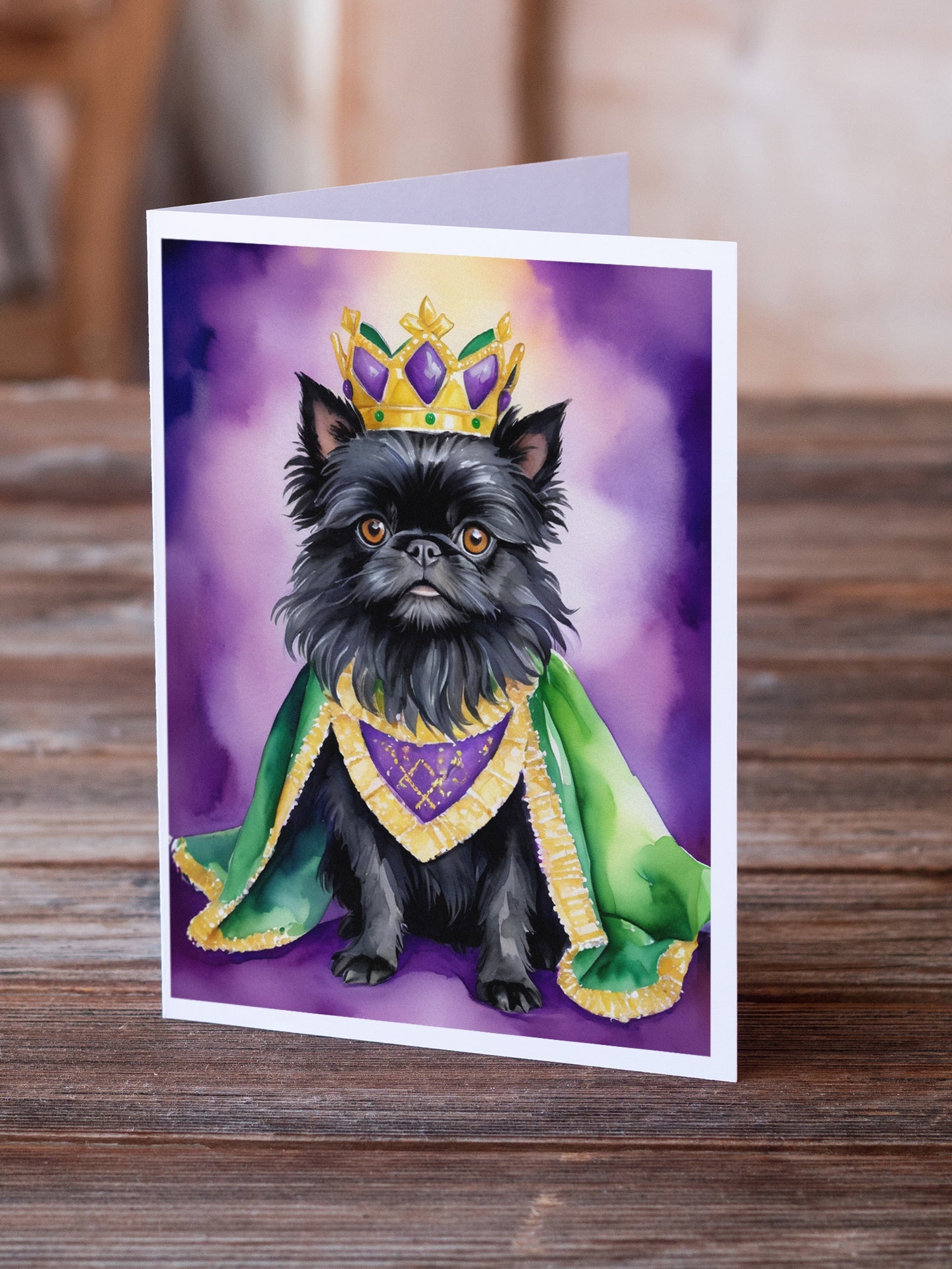 Affenpinscher King of Mardi Gras Greeting Cards Pack of 8 Blank Cards with Envelopes Whimsical A7 Size 5x7