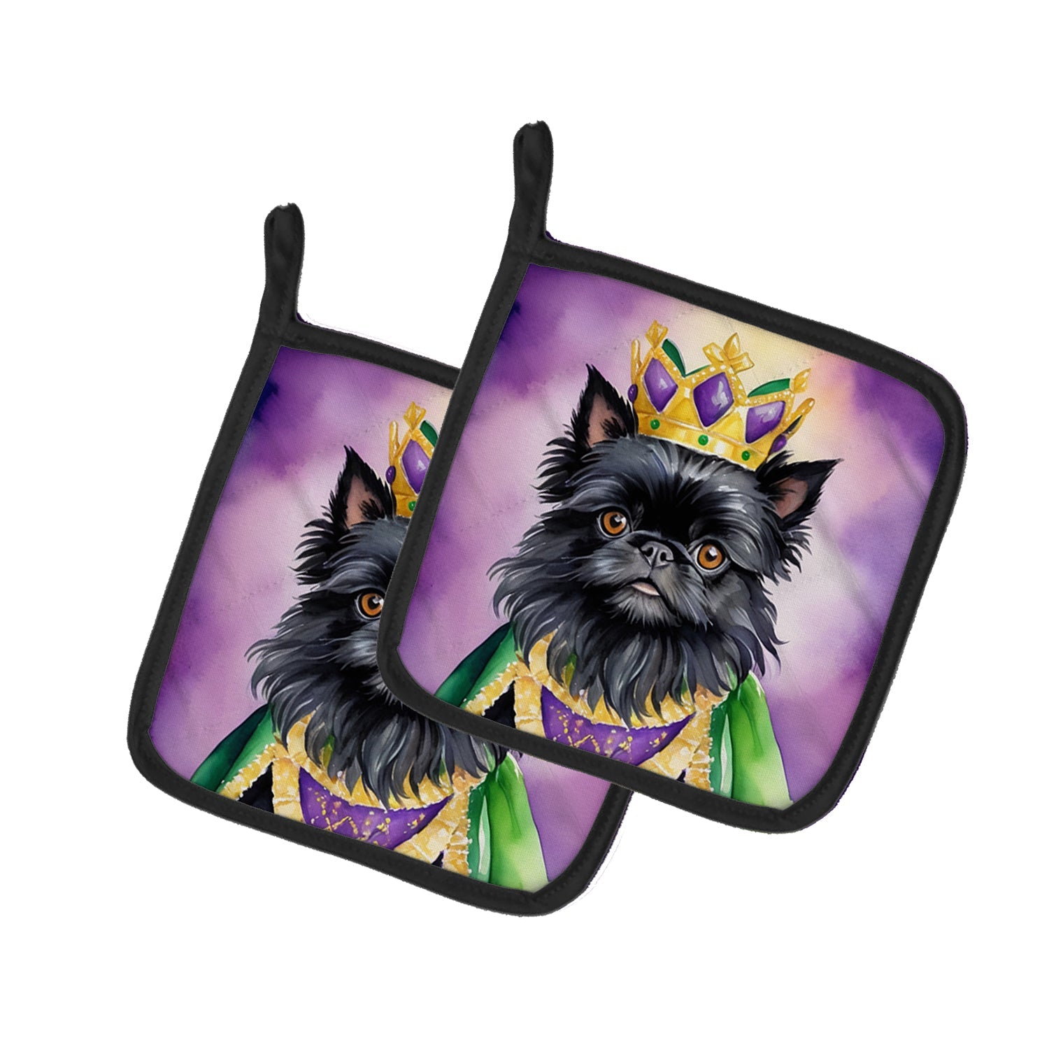 Affenpinscher King of Mardi Gras Pot Holder Set of 2 Heat Resistant Quilted Hot Pads 7.5 x 7.5 Inch, Insulated Kitchen Trivets for Cooking & Baking