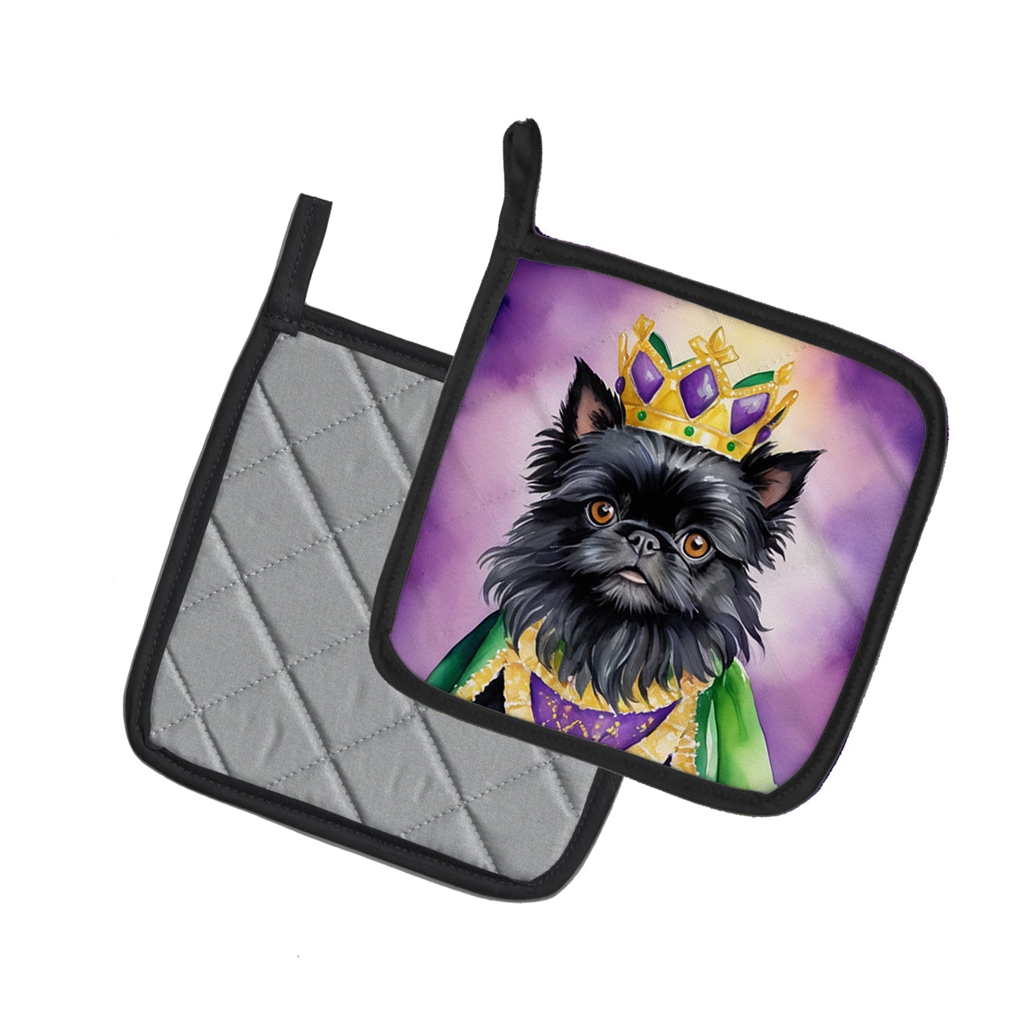 Affenpinscher King of Mardi Gras Pot Holder Set of 2 Heat Resistant Quilted Hot Pads 7.5 x 7.5 Inch, Insulated Kitchen Trivets for Cooking & Baking