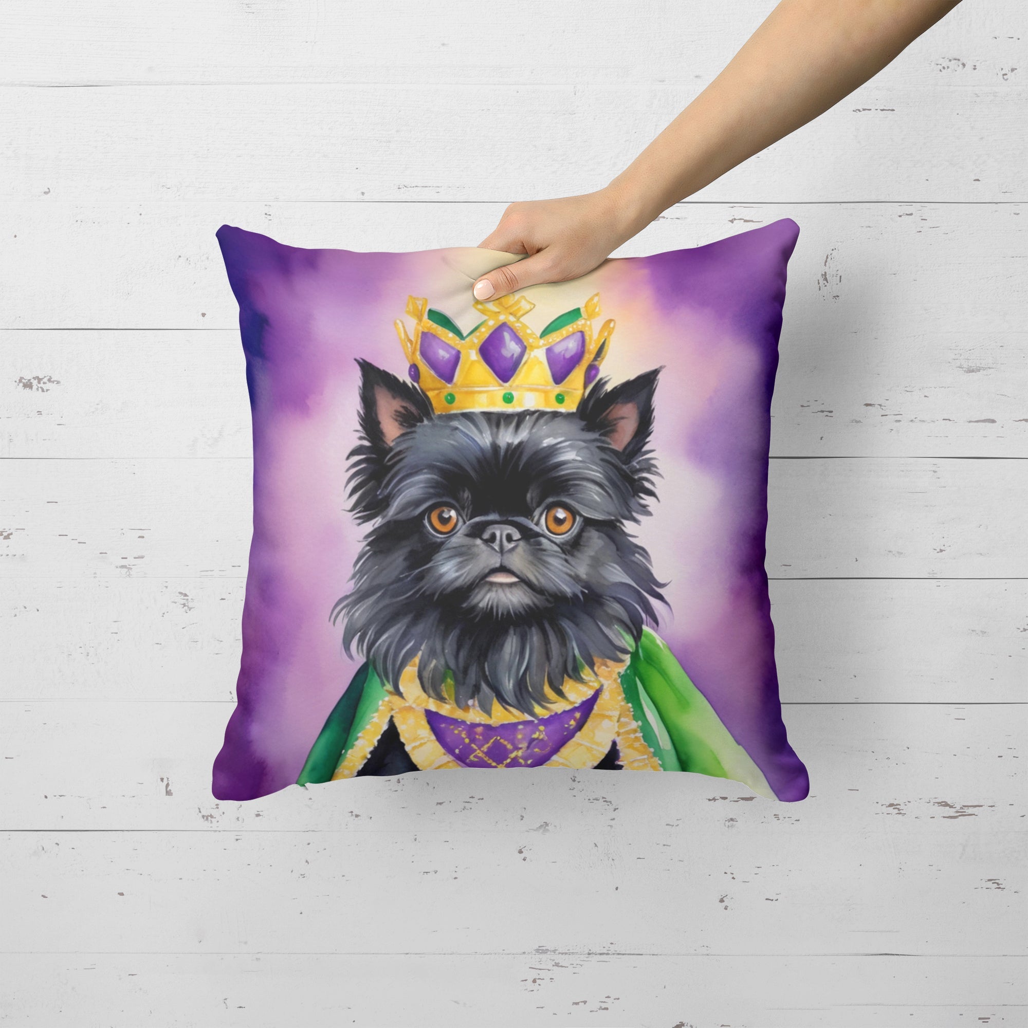 Affenpinscher King of Mardi Gras Decorative Throw Pillow 18x18 Indoor Outdoor Accent Cushion, Fabric Cover with Insert for Sofa, Bed, Porch & Living Room