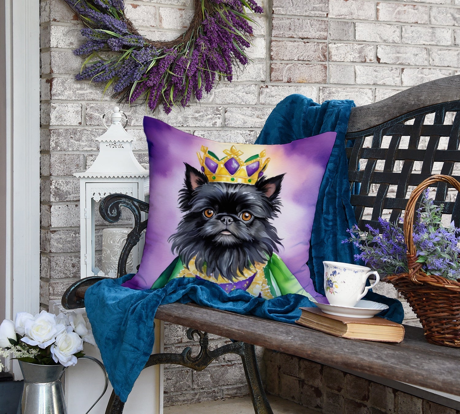 Affenpinscher King of Mardi Gras Decorative Throw Pillow 18x18 Indoor Outdoor Accent Cushion, Fabric Cover with Insert for Sofa, Bed, Porch & Living Room
